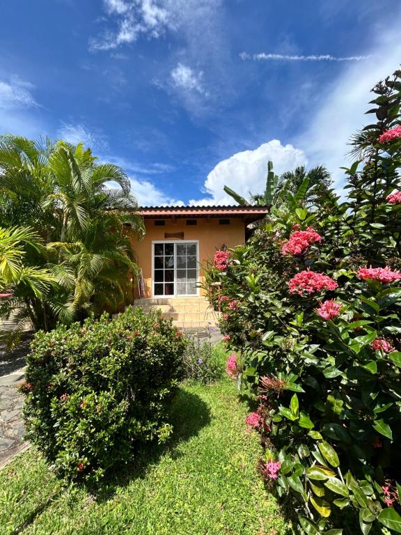 a house with pink flowers in front of a yard at Cabanas Los Colibris Hotel Ecolodge in San Carlos