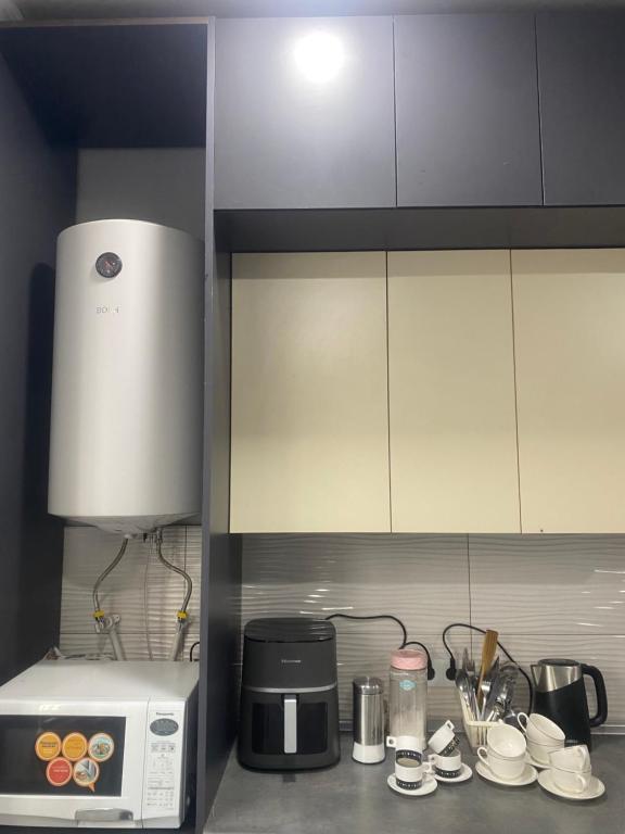 a kitchen with a microwave and a coffee maker on a counter at Уютный дом не далеко от аэропорта in Pʼarakʼar