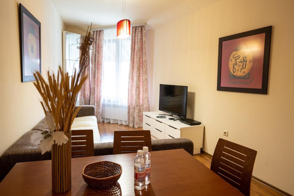 a living room with a table and a couch and a television at Cozy and warm apartment with a separate bedroom in Bansko