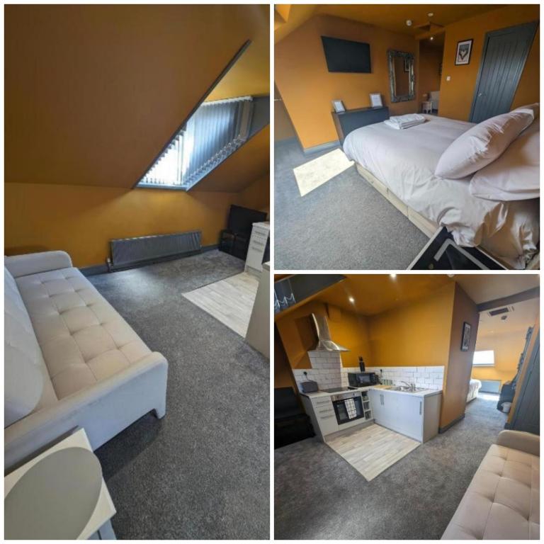 three pictures of a room with a bed and a couch at Harrington House Apartment in Grimsby