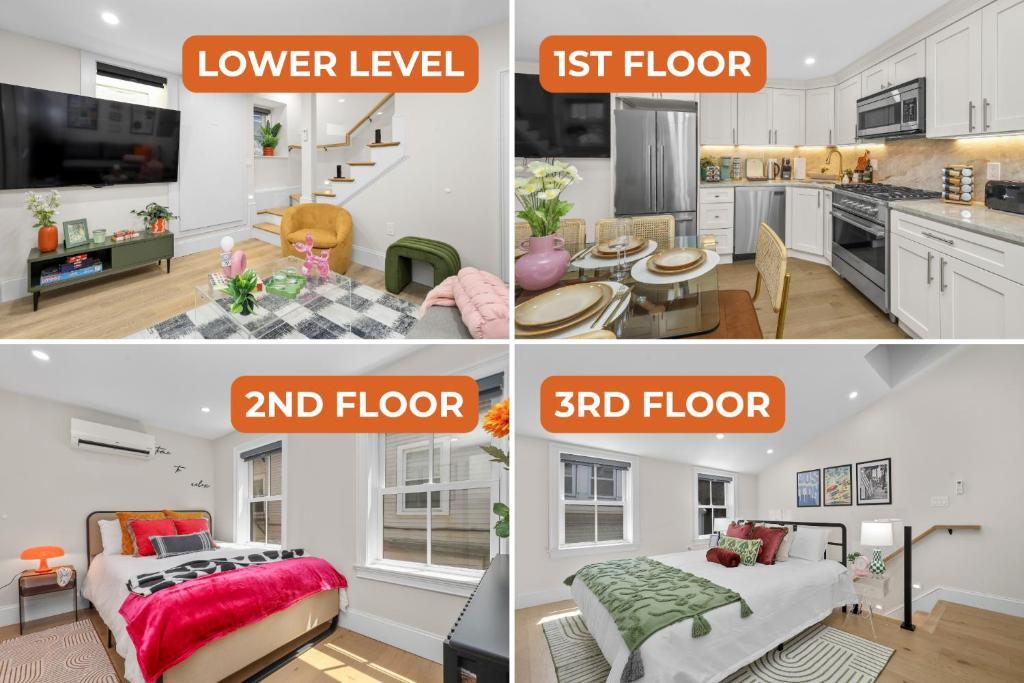 ボストンにある3BR3Bth Entire House Steps to Downtown & TD Gardenのキッチンと寝室の写真のコラージュ