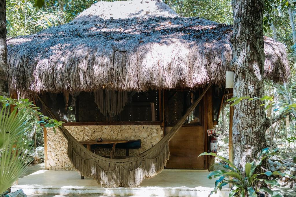 a thatch roofed hut with a tree at Cavelands become one with nature in Cedro