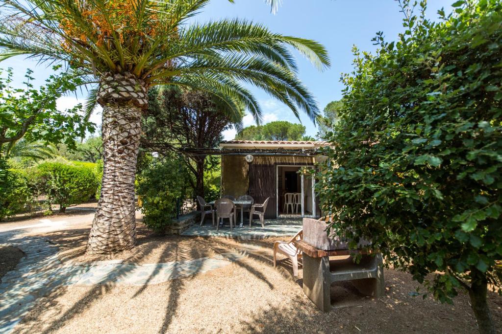 a palm tree and a house with a table and chairs at Résidence les Arbousiers in Saint-Florent