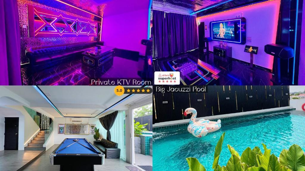 a house with a pool and a room with a swan at Dato Villa Luxury Homestay 12min to Jonker Street 26pax Private Pool Playground KTV BBQ in Melaka