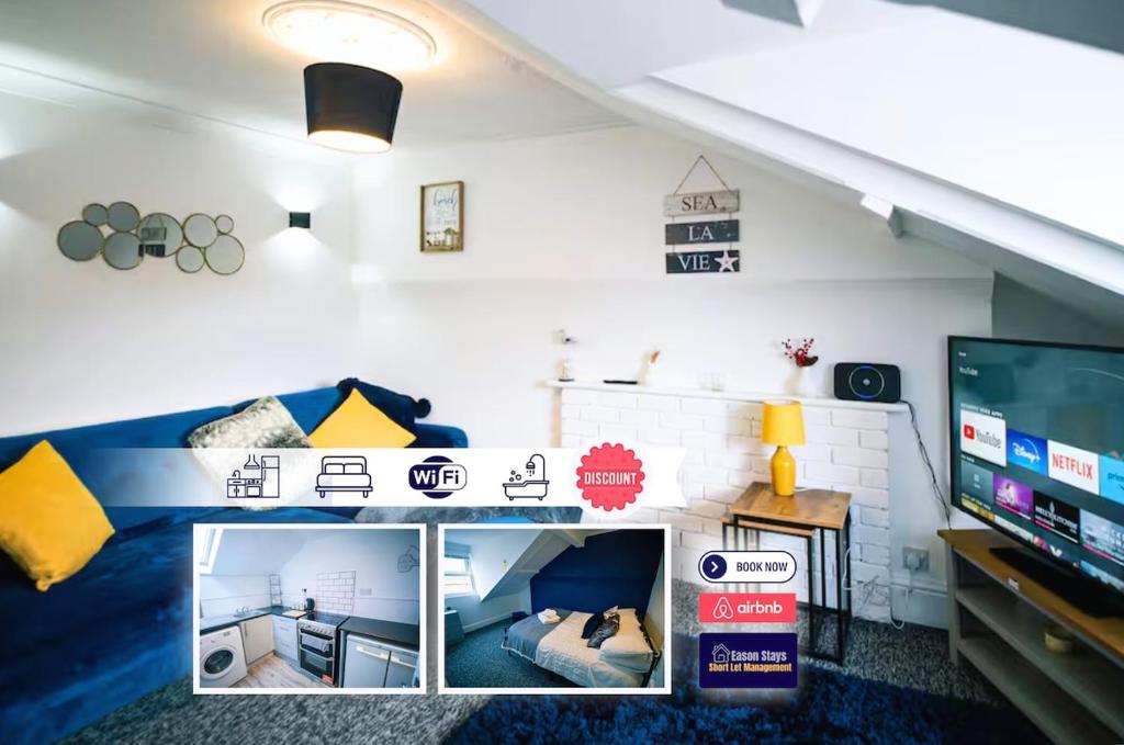 Habitación con sala de estar con TV. en One Bedroom Apartment By Eason Stays Short Lets & Serviced Accommodation Lowestoft With Beach View, en Lowestoft