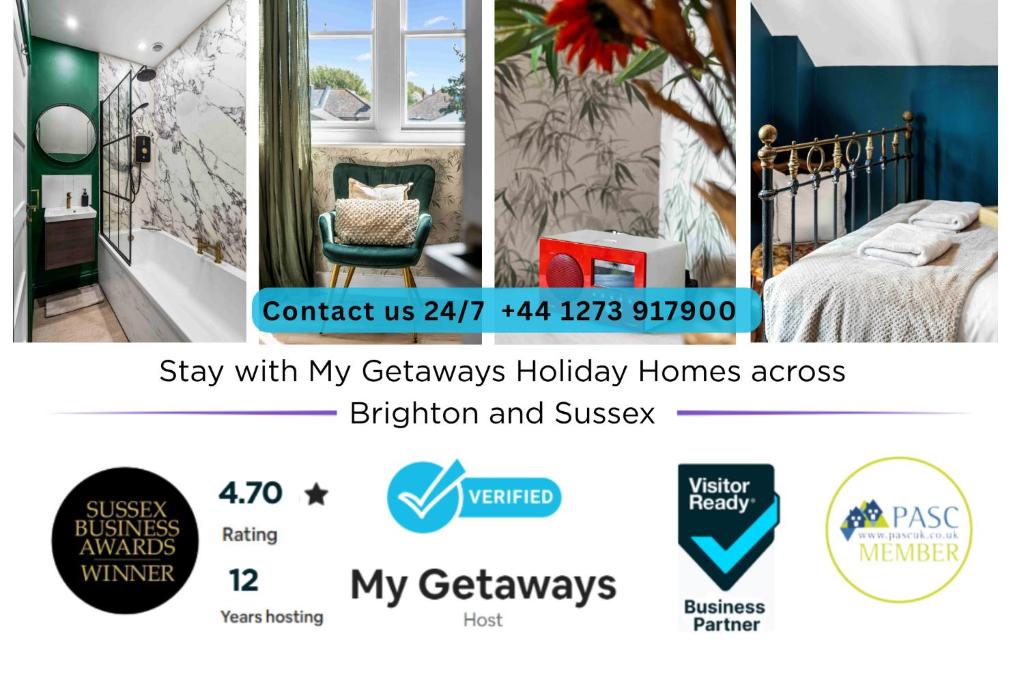 Una página de un sitio web con tres imágenes de un dormitorio. en Hove Sunrise By My Getaways, en Hove