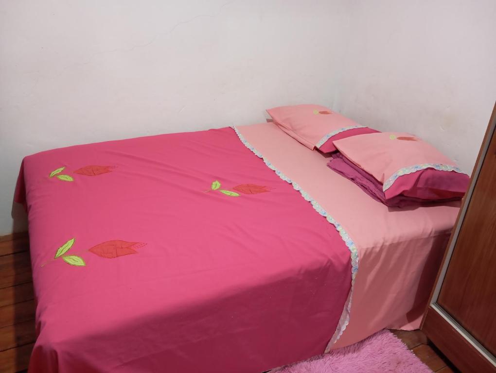 a pink bed with a pink blanket and pillows at Quarto para cop 30 in Ananindeua