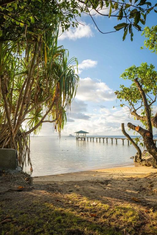 a beach with a pier in the water at Plage privée - Vahine Ori Lodge in Raiatea