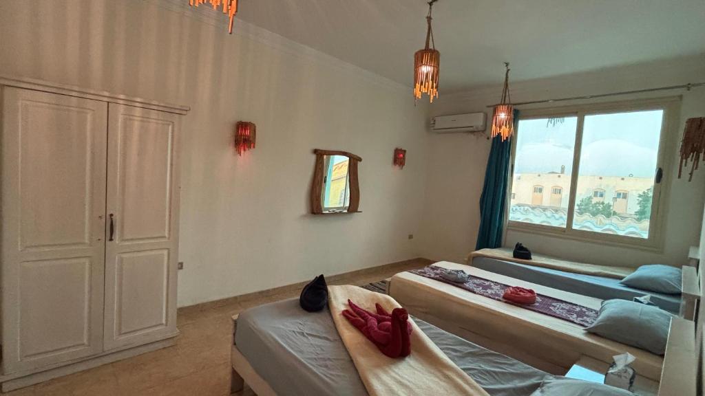 Una sala de estar con dos camas y una ventana. en Luna House Lighthouse 1, en Dahab