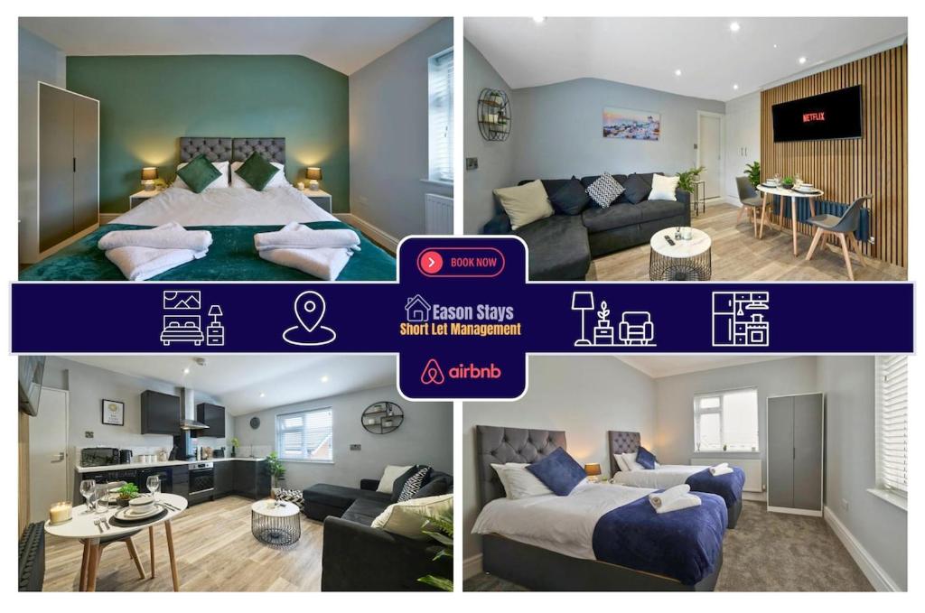 a collage of three pictures of a bedroom and a living room at 2 BDR Apt By Eason Stays Short Lets & Serviced Accommodation Denton Manchester With Free Parking in Manchester