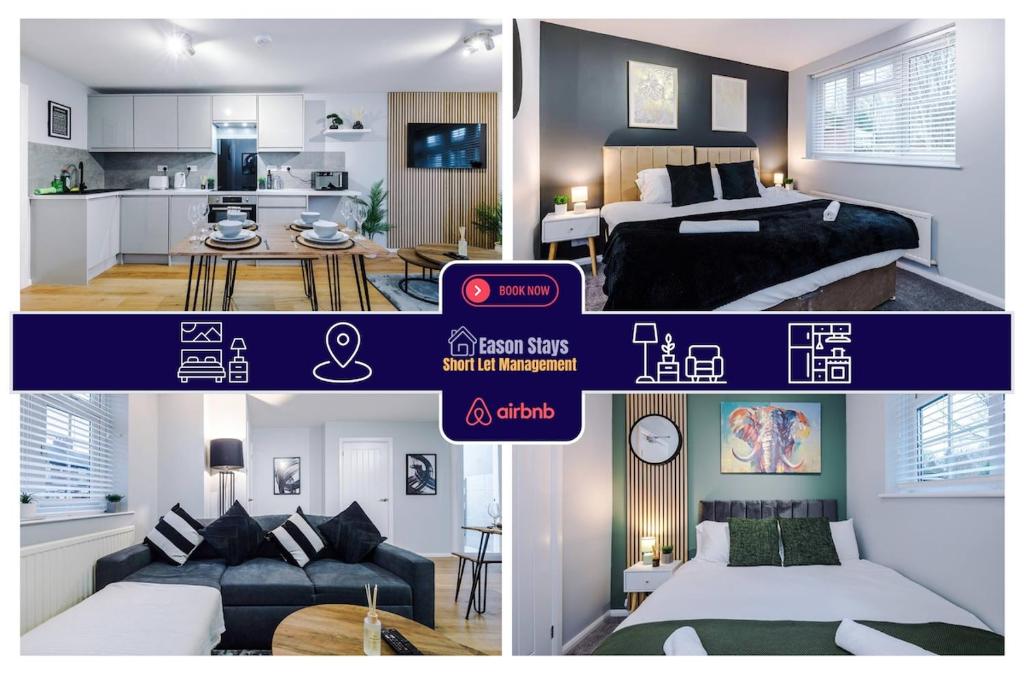 un collage de tres fotos de un dormitorio y una cocina en 2 BR Flat By Eason Stays Short Lets & Serviced Accommodation Stockport With Free Parking,Ideal For Business Stays and Getaways, en Stockport