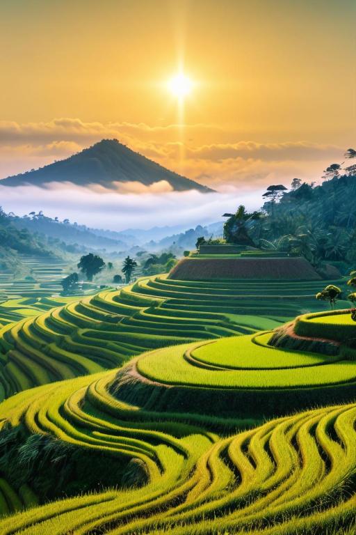 a field of rice terraces at sunset with a mountain at Sapana Mountain Retreat in Sapa