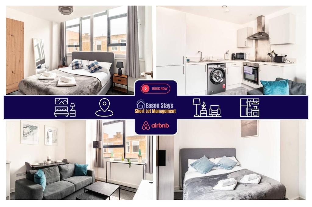 プレストンにある2 BDR Flat By Eason Stays Short Lets & Serviced Accommodation Preston With Free Wifiのベッドルームとリビングルームの写真集