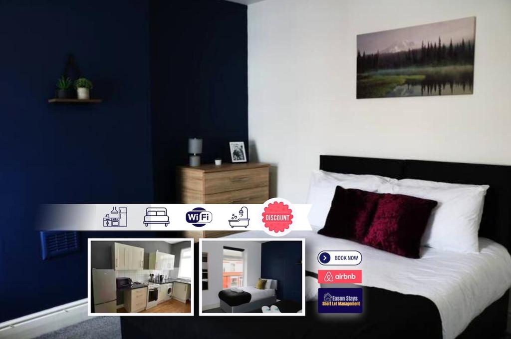 ウォリントンにある2 BDR House By Eason Stays Short Lets & Serviced Accommodation Warrington With Free Wifiの青い壁のベッド付きベッドルーム1室