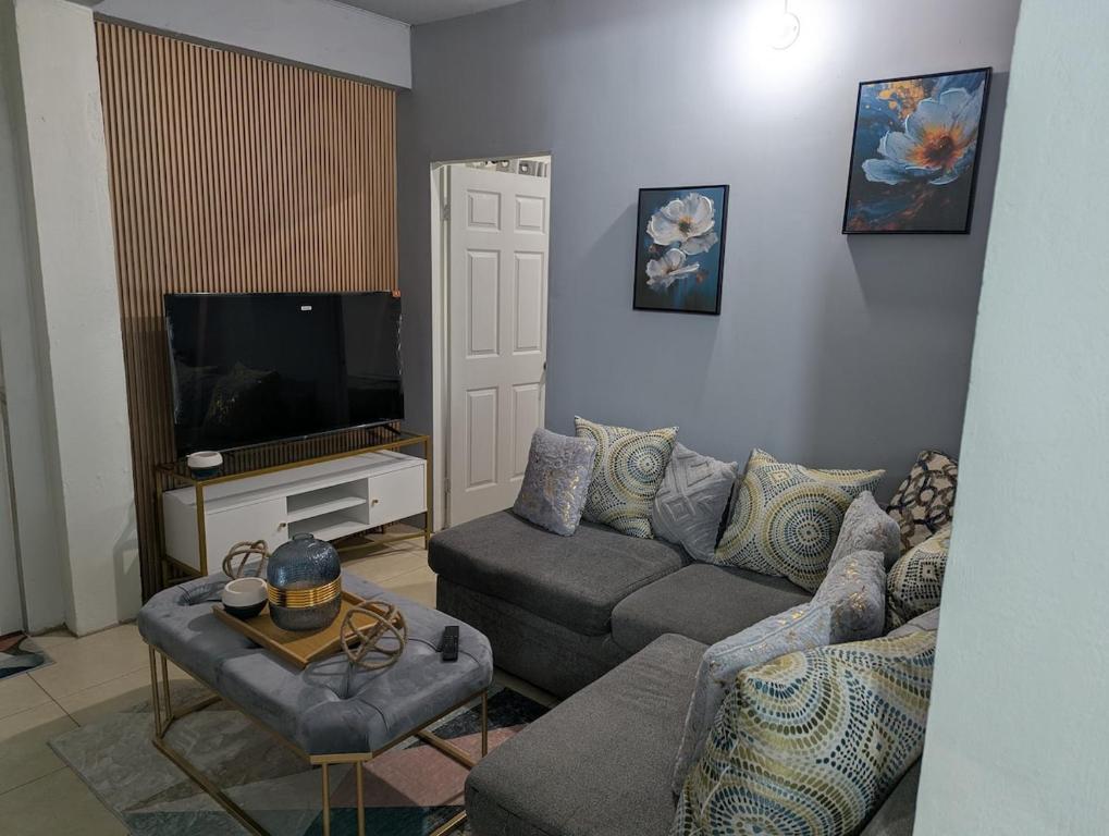 a living room with a couch and a tv at Jacqueline's Court in Mount Pleasant