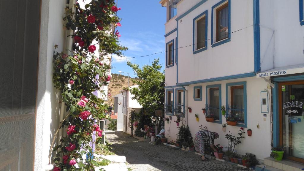 a narrow street with flowers on the side of buildings at Adali Guest House in Bozcaada