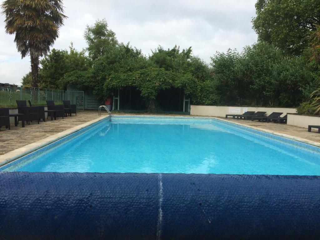 a large blue swimming pool with chairs and trees at Fernhill Hotel in Lyme Regis