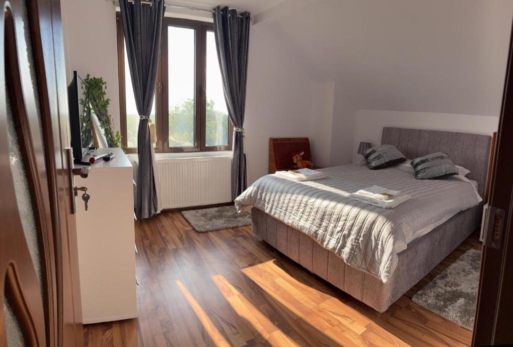 een slaapkamer met een bed en een groot raam bij Casa Alecu 