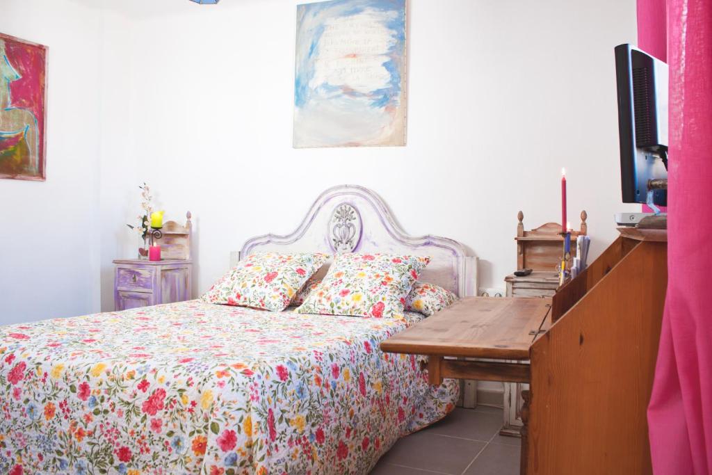 una camera con letto, scrivania e TV di Apartamentos Malaga Centro Hernán Ruiz a Málaga