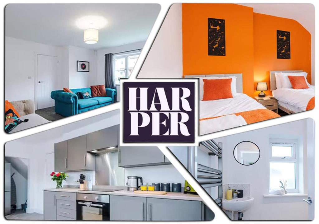 a collage of photos of a bedroom with a bed at Stylish 3 Bedroom Home with Driveway, Family and Business Friendly in Mold