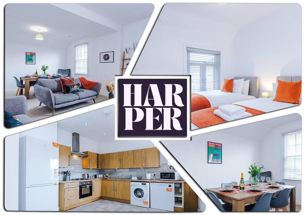 a collage of four pictures of a kitchen and a bedroom at Spacious 3-Bedroom Retreat with Modern Amenities in Hawarden