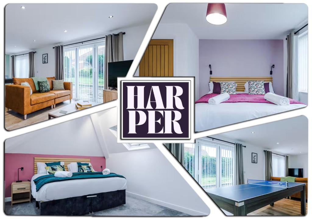 a collage of four pictures of a bedroom at Sleeps 8 Loft bedroom By Harperletting Short Lets & Serviced Accommodation Buckley With Pool table & Long or Short stays in Hawarden