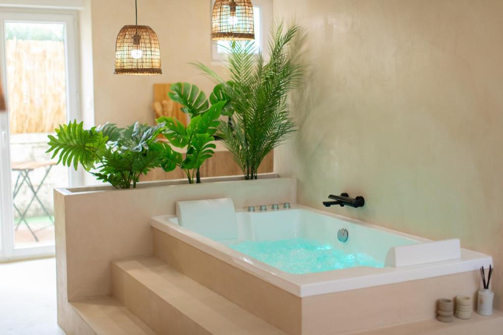 ein Badezimmer mit einer Badewanne mit Topfpflanzen in der Unterkunft Suite Baniléa & Spa in Brest