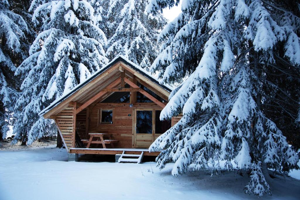 a cabin in the woods with snow covered trees at Huttopia Champagny en Vanoise in Champagny-en-Vanoise