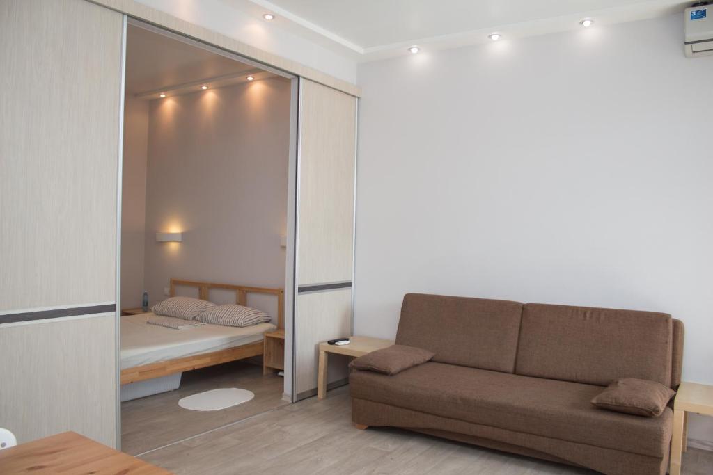 オムスクにあるApartment Shukshinaのリビングルーム(ソファ付)、ベッドルーム1室が備わります。