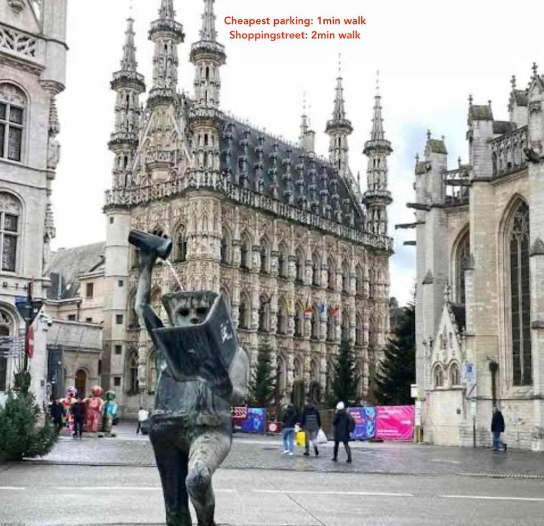 a statue in front of a large building at Cosy Boutique hotel leuven - self check in with airco !!! in Leuven