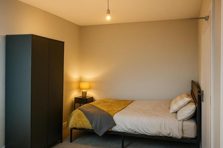 ein Schlafzimmer mit einem Bett, einem Schrank und einer Lampe in der Unterkunft New Medway Private Double room with private bathroom close to hospital and station in Gillingham