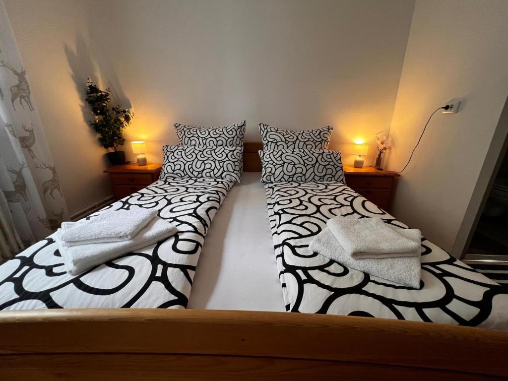 FluornにあるHotel Hirschの寝室に並んで置かれた2つのベッド