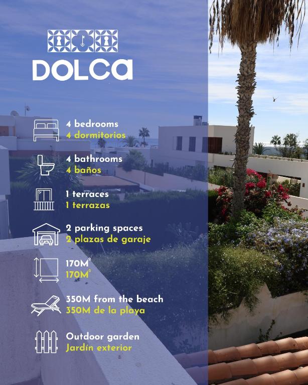 een flyer voor een resort met een palmboom bij Retiros Dolca in La Marina de la Torre