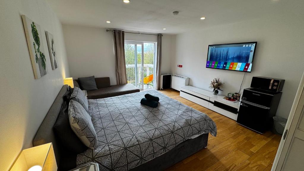 TV a/nebo společenská místnost v ubytování En-suite room with a superking size bed and balcony