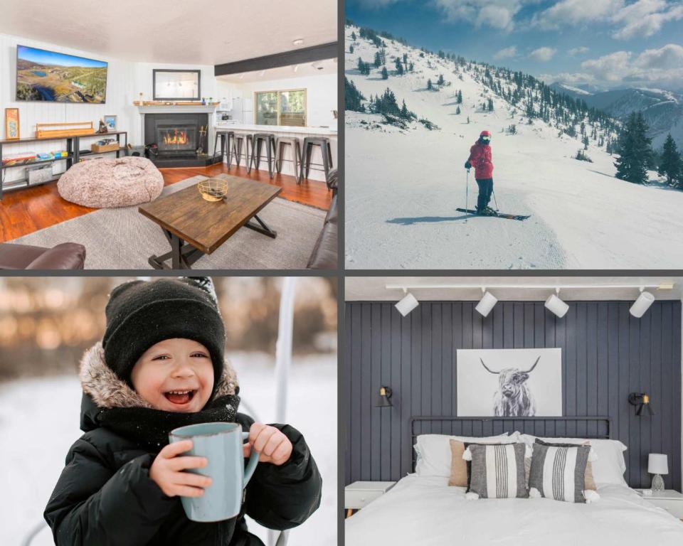 Un collage de fotografías de un niño sosteniendo una taza de café. en Ski-in ski-out Condo in Brian Head, en Brian Head