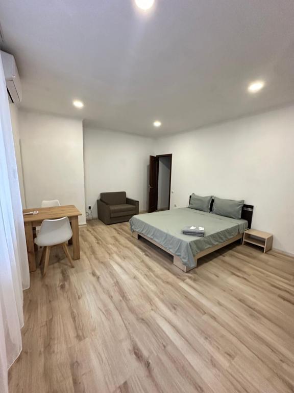 ein Schlafzimmer mit einem Bett und einem Schreibtisch darin in der Unterkunft EquatorHotel in Chişinău