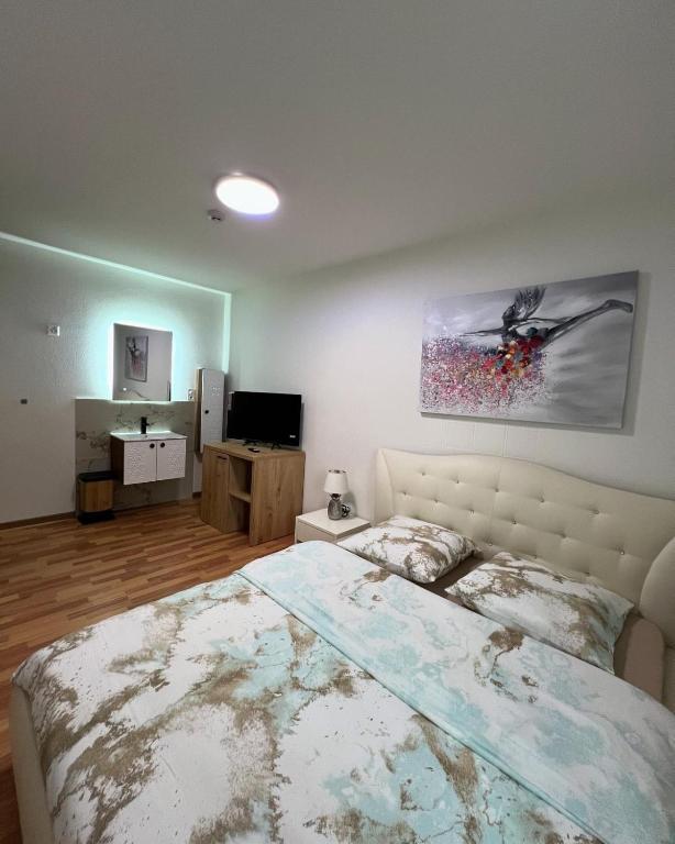 a bedroom with a large bed and a television at Hotel Waldegg Zuchwil in Zuchwil