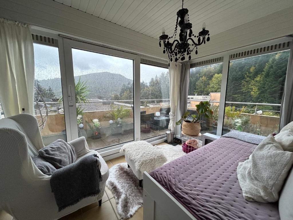 um quarto com uma cama e uma janela grande em Apartment in Bad Herrenalb em Bad Herrenalb