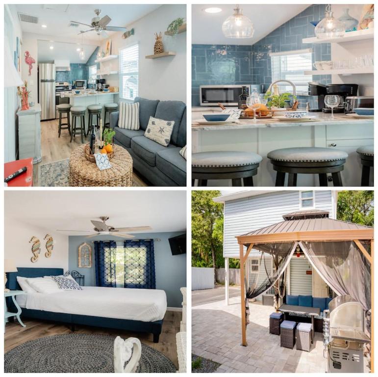 a collage of pictures of a kitchen and a living room at Cozy Coastal Cottages of Dunedin 4 in Dunedin