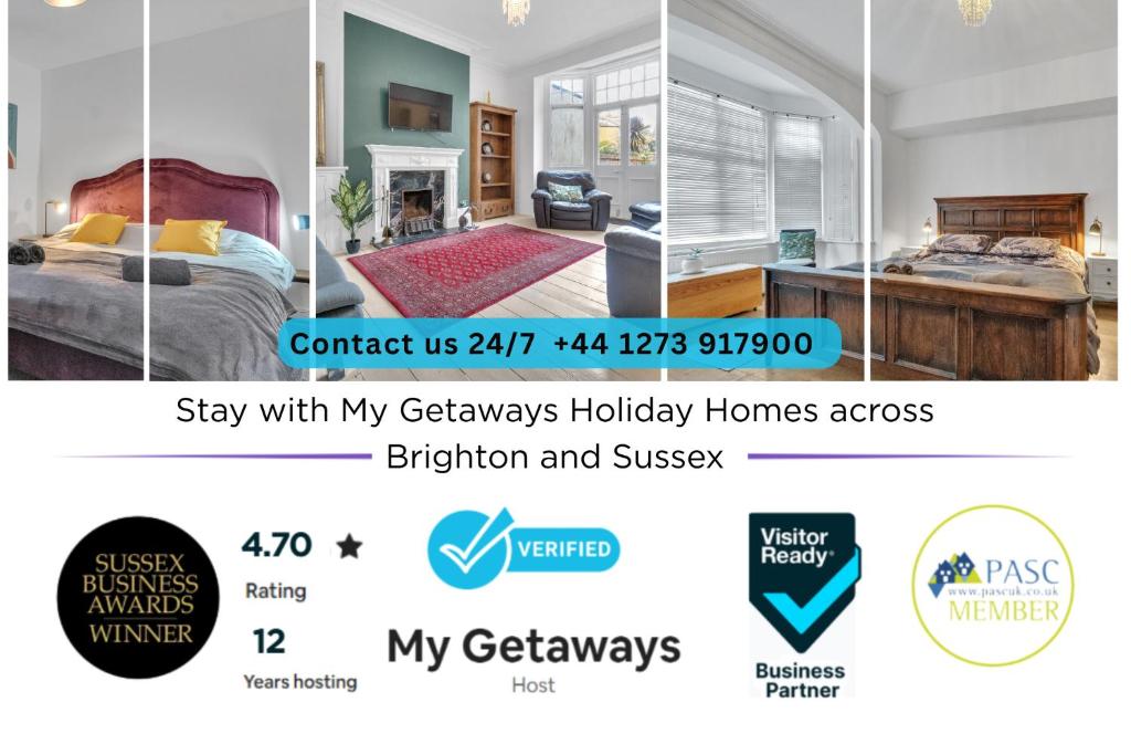 um folheto para um quarto de hotel com uma cama e uma escrivaninha em Simply Hove By My Getaways em Brighton & Hove