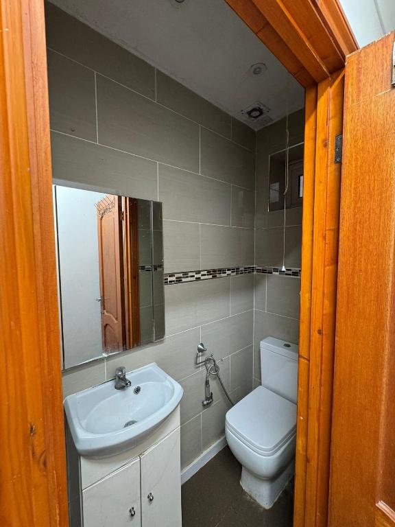 a bathroom with a sink and a toilet and a mirror at Wood Green Central Cozy Rooms in London