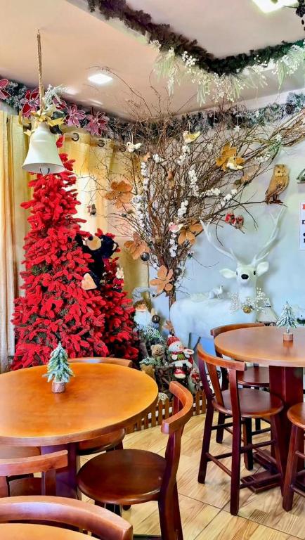 a christmas tree in a restaurant with tables and chairs at Pôr-do-Sol Pousada in Penha