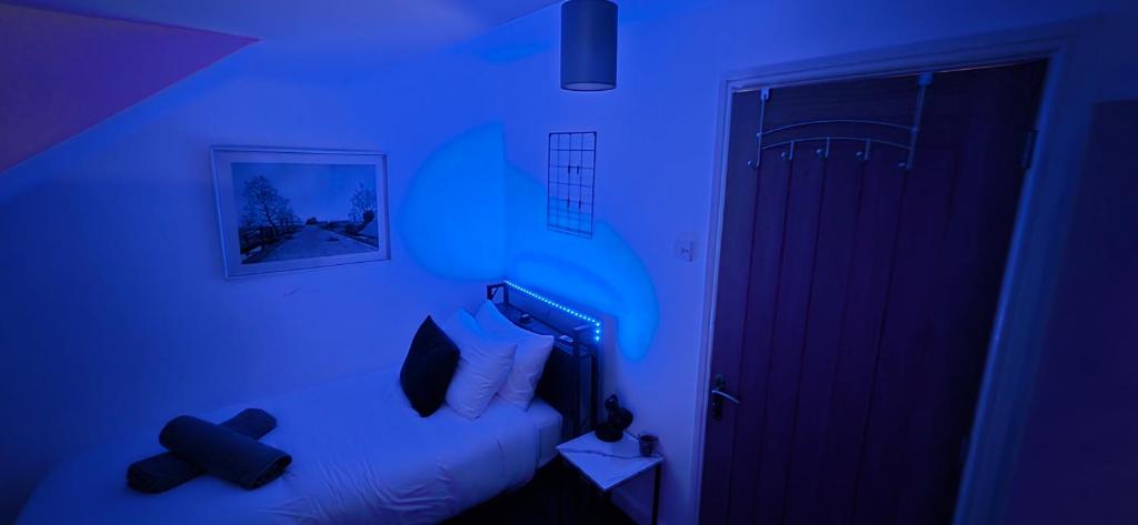 une chambre avec un lit dans une pièce bleue dans l'établissement The Shinki House, à Nottingham