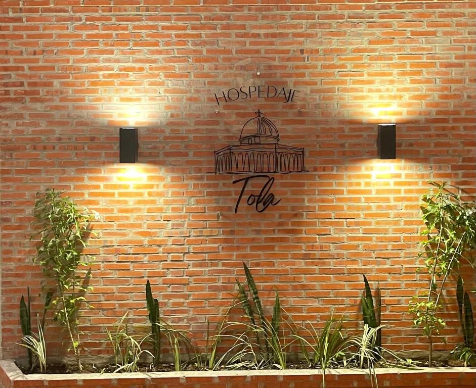 Una pared de ladrillos con una jaula de pájaros encima. en Hospedaje Tola, en Caacupé