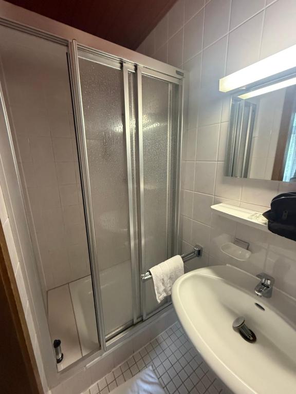 a bathroom with a shower and a sink at Haus Danz in Brühl