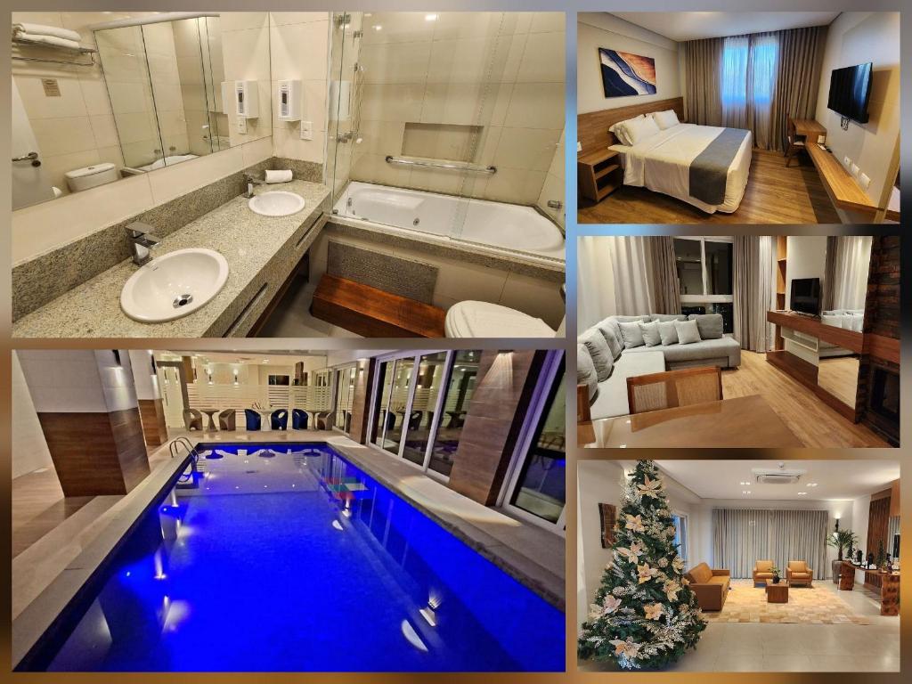 un collage de fotos de una habitación de hotel con piscina en Esplendor Flat no Serra Class, en Canela