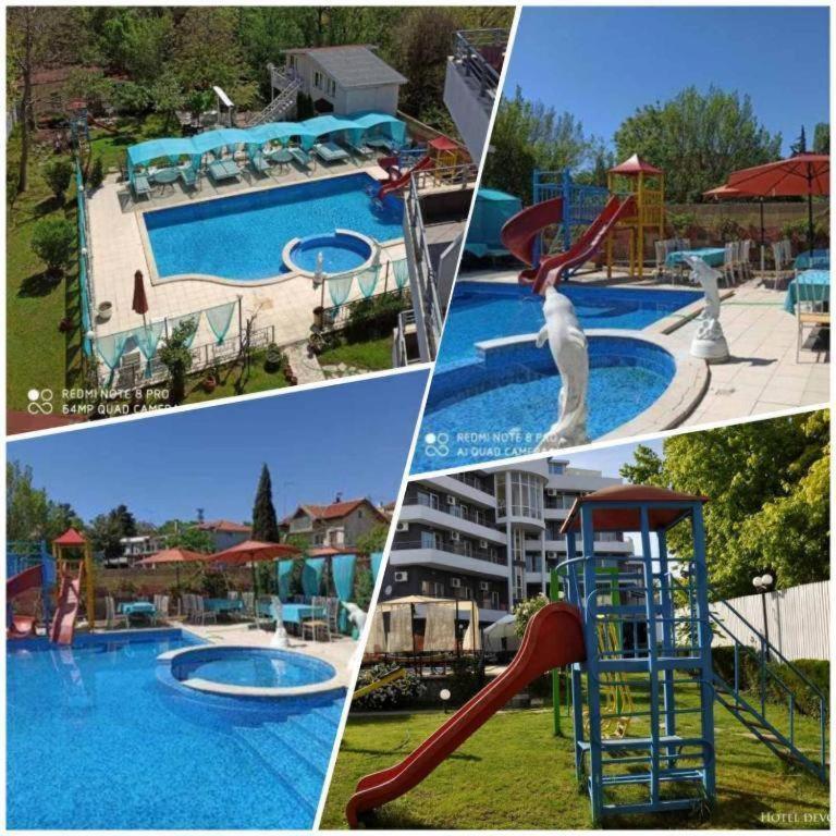 a collage of four pictures of a swimming pool at Apatcomplex Diva &restaurant&bar in Saints Constantine and Helena