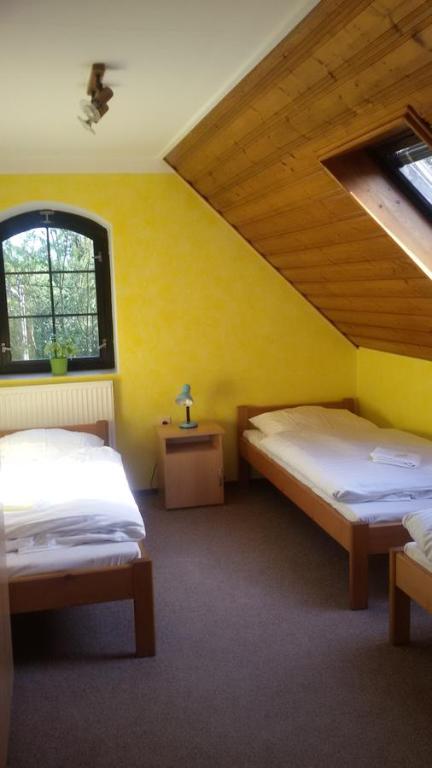 Habitación con 2 camas y ventana en Pension.NO30, en Svijany