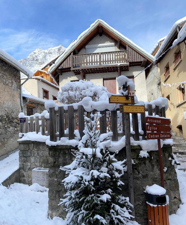 a snow covered tree in front of a house at Chalet Pitu - 1-6 People in Vénosc
