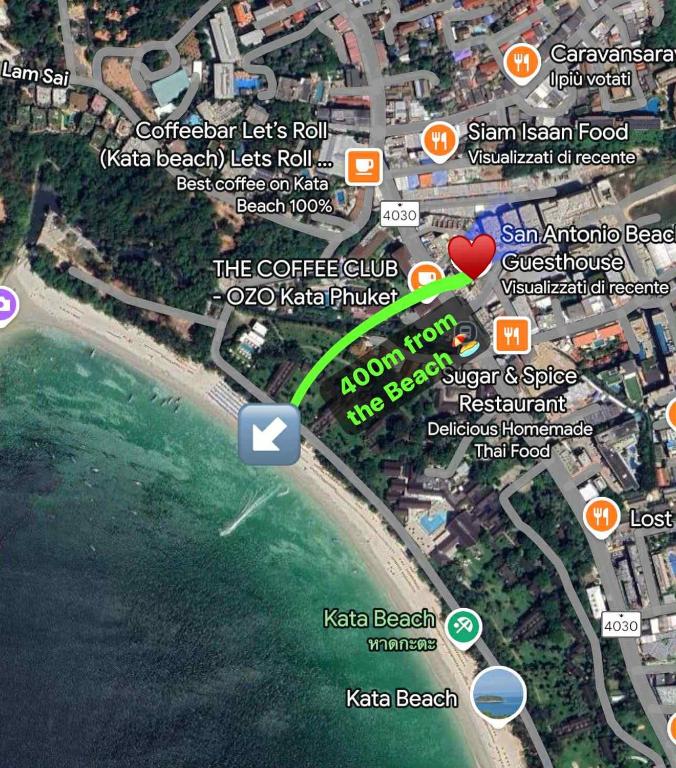 卡塔海滩San Antonio Beach Guesthouse & Restaurant的海洋海滩地图